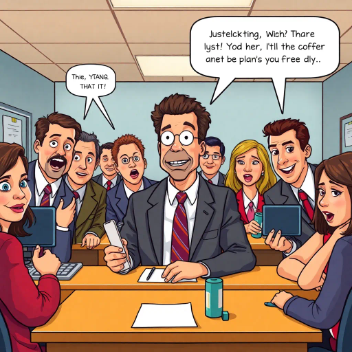 satirical humor, everyday life, workplace dynamics, vibrant colors, exaggerated expressions, quirky characters, Michael Scott, camera angles, documentary style, playful tone, American culture, ensemble cast, office environment, comedic timing, mockumentary feel, panel layout, speech bubbles, visual storytelling, relatable scenarios, improvisational flair, modern setting, emotional undertones, character development, symbolic objects