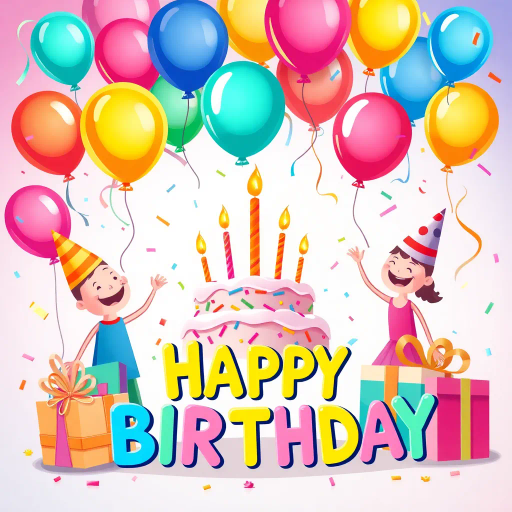 vibrant colors, celebration, balloons, confetti, party hats, cake, candles, presents, joy, happiness, friends, family, birthday wishes, festive mood, surprise, playful, whimsical, childlike illustrations, colorful typography, lively composition, cheerful atmosphere, dynamic elements, imaginative design, fun-filled imagery, interactive display, festive spirit, artistic lettering, digital illustrations, contemporary art, creative expression, heartwarming scenes, joyful moments, digital canvas, vibrant palette, engaging visuals, graphic design, celebratory tone