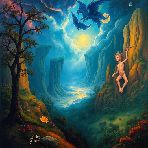 surreal landscapes, mythical creatures, ethereal light, vivid imagination, vibrant colors, enchanting forests, mystical realms, dreamlike scenery, Arthur Rackham, William Blake, enchanting ambience, otherworldly magic, Nordic myths, epic adventures, Renaissance period, intricate details, fantastical elements, whimsical designs, allegorical symbolism, immersive storytelling, delicate brushwork, Baroque drama, awe-inspiring scale, rich textures