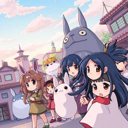 vibrant anime characters, Studio Ghibli influence, dynamic action poses, pastel color palette, expressive eyes, intricate hairstyles, dramatic lighting, manga-inspired linework, fantastical settings, Japanese culture, modern twist, whimsical storytelling, emotional depth, cel shading, bold outlines, serene landscapes, traditional animation techniques, contemporary urban environments
