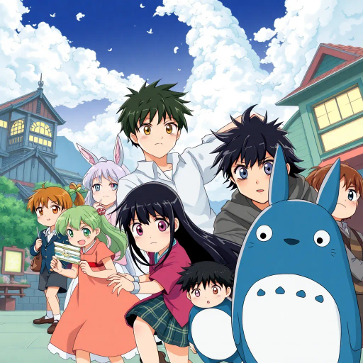 vibrant anime characters, Studio Ghibli influence, dynamic action poses, pastel color palette, expressive eyes, intricate hairstyles, dramatic lighting, manga-inspired linework, fantastical settings, Japanese culture, modern twist, whimsical storytelling, emotional depth, cel shading, bold outlines, serene landscapes, traditional animation techniques, contemporary urban environments