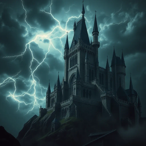 medieval architecture, towering castle, stormy skies, dramatic lightning, ethereal glow, moody atmosphere, high contrast, intricate design, vast landscape, enchanted realm, ominous clouds, dynamic movement, texture detail, foreboding mood, Arthurian legend influence, chiaroscuro lighting, surreal elements, mystical ambiance, fantasy world, immersive experience