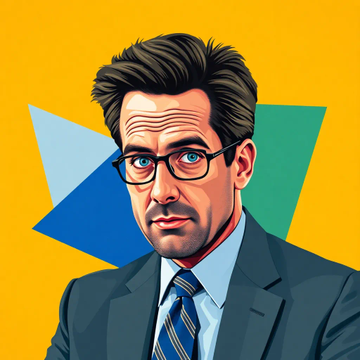 Michael Scott, The Office, geometric shapes, cubism-inspired, vibrant colors, abstract representation, angular forms, dynamic composition, contrast between sharp and soft lines, 2000s pop culture, office setting, humorous undertones, surrealism, modernist techniques, vibrant blues and grays, layered textures, perspectives intersecting, Steve Carell as an artistic icon, playful interpretation, contemporary art influences, geometric abstraction