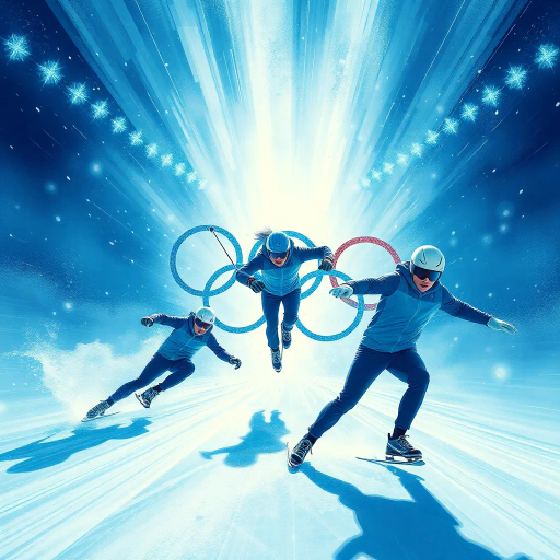 winter olympics, dynamic movement, sleek composition, cold hues, vibrant blues and whites, dramatic lighting, icy textures, contemporary style, historic influence, athletic prowess, intricate detail, futuristic equipment, high-energy performance, panoramic view, cultural symbolism, diverse athletes, harmonious blend, abstract interpretation, immersive atmosphere, competitive spirit