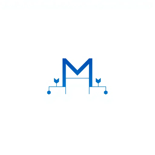 abstract logo design, letter M hierarchy, vector illustration, minimalist composition, geometric shapes, parent-child relationships, indigo gradient, thin branching lines, network tree structure, white background, symmetrical design, modern aesthetic, sleek lines, visual metaphor, connectivity, graphic art, clean and simple, Bauhaus influence, contemporary minimalism