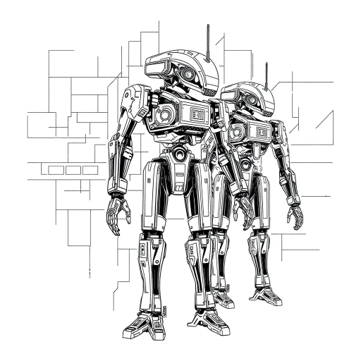 futuristic robots, intricate lines, bold outlines, geometric patterns, minimalistic design, clean edges, precision drawing, monochrome palette, technical diagram, schematics, industrial aesthetics, mechanical intricacy, crisp contours, dynamic perspective, movement implied, detailed schematics, blueprint style, angular shapes, modern technology, inspired by Albert Robida, technical artistry, robotics in art, symbolic representation, light and shadow interplay, abstract forms, engineered beauty