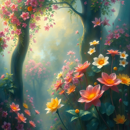 mythical flora, vibrant blooms, ethereal glow, Claude Monet, ethereal dreamscape, rich textures, surreal garden, vivid colors, soft focus, whimsical atmosphere, impressionist influences, enchanting forest, radiant hues, painterly strokes, magical ambiance, lush foliage, dynamic composition, floral symphony, timeless beauty, inspired imagination