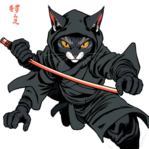 ninja cat, stealthy warrior feline, manga influence, dramatic pose, dynamic movement, sharp lines, vibrant colors, traditional Japanese culture, Edo period, samurai attire, sleek fur texture, intense gaze, shadow and light contrast, quick reflexes, mysterious aura, action-packed scene, Ukiyo-e prints inspiration, mythical ambiance, agile and nimble, detailed character design, expressive anatomy