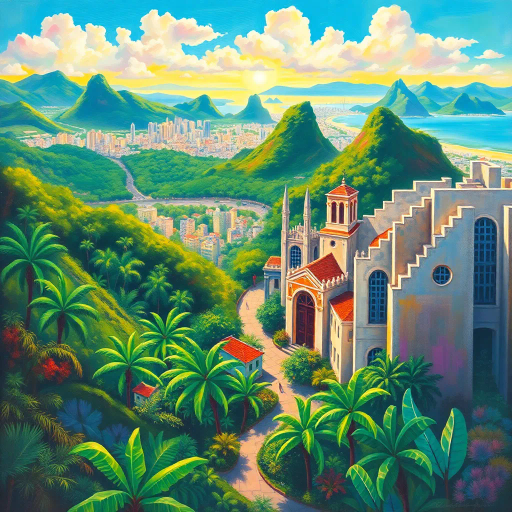 vibrant rainforest, sprawling cityscapes, Rio Carnival celebration, modernist architecture, Tarsila do Amaral, tropical paradise, lush landscapes, Samba rhythm, vivid color palettes, dynamic movement, cultural fusion, vibrant street art, warm sunlight, Copacabana beach, panoramic views, rich biodiversity, Botero-inspired figures, expressive brushstrokes, Amazon River, intricate textures, joyous atmosphere, cultural heritage, Henri Rousseau influence, energetic composition