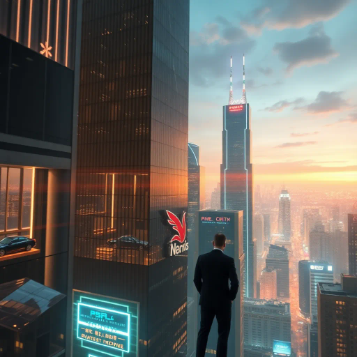 corporate leadership, power dynamics, futuristic cityscape, neon lights, high-rise architecture, luminous reflections, sharp contrasts, Edward Hopper, Giorgio de Chirico, modernism, sleek design, urban sophistication, high angle perspective, dynamic movement, strategic focus, metaphorical landscapes, evening glow, structural balance, business attire, visionary outlook, digital abstraction, vibrant palettes