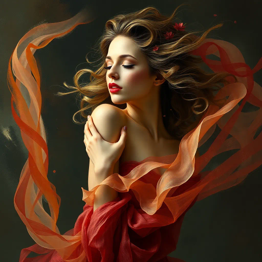 elegant woman, ethereal beauty, Baroque influences, chiaroscuro lighting, vibrant color palette, soft brush strokes, contemporary twist, flowing movement, emotional depth, surreal elements, figurative composition, dynamic pose, intricate details, timeless elegance, serene expression, atmospheric background, rich textures, delicate features, classical composition, modern interpretation, feminine grace