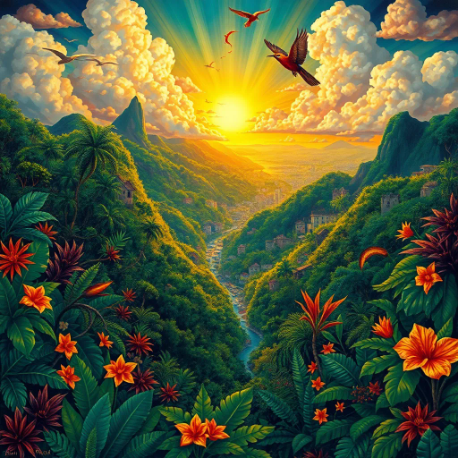 vivid rainforests, carnival atmosphere, vibrant colors, intricate details, lush foliage, rich cultural heritage, magical realism, Brazilian landscape, surreal clouds, tropical wildlife, Henri Rousseau influence, rhythmic movement, radiant sunlight, festive mood, intricate patterns, exotic birds, mythical elements, celebratory spirit, tropical flora, samba rhythm, enchanting scenery, sprawling cityscapes, Rio Carnival celebration, modernist architecture, Tarsila do Amaral, tropical paradise, lush landscapes, vivid color palettes, dynamic movement, cultural fusion, vibrant street art, Copacabana beach, panoramic views, rich biodiversity, Botero-inspired figures, expressive brushstrokes, Amazon River, intricate textures, joyous atmosphere, energetic composition