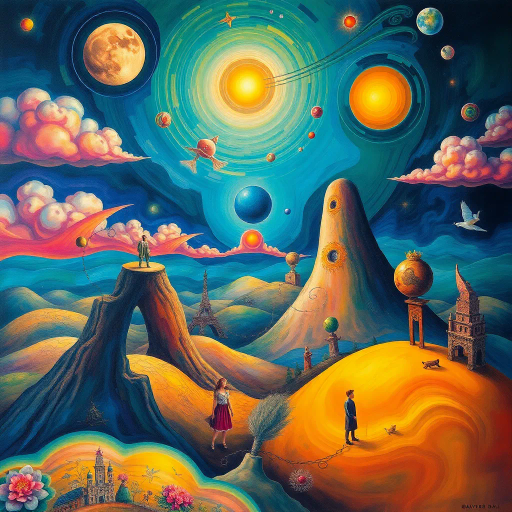 surrealism, Salvador Dalí, vivid colors, dreamlike atmosphere, whimsical elements, modernist influence, abstract forms, human connection, ethereal glow, imaginative landscape, playful composition, vibrant energy, expressive lighting, contemporary techniques, emotional resonance, depth and contrast, dynamic interaction, art nouveau, optimistic tone, intricate detailing, layered textures, fluid movement, symbolic motifs, luminescent highlights, fantasy elements, innovative visual storytelling, vibrant hues, surrealist dreamscapes, captivating allure