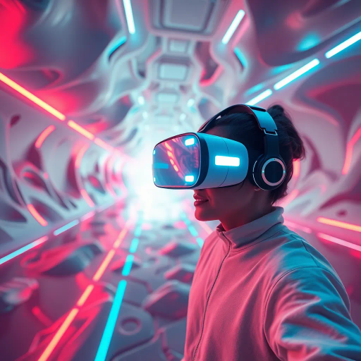 immersive virtual reality, futuristic design, dynamic lighting, hyper-realistic textures, vibrant neon colors, interactive environment, digital innovation, computer-generated art, modern technology, cutting-edge visuals, simulated reality, perspective depth, surreal landscapes, VR headsets, dynamic compositions, digital manipulation, spatial awareness, pioneering digital artists, innovative storytelling, multisensory experience