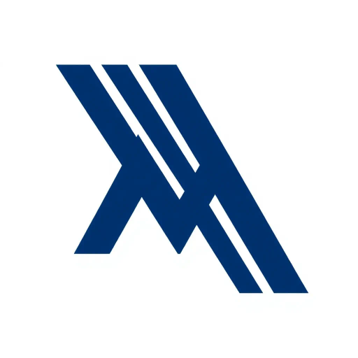 bold letter M logo, parallel strokes, subtly taper, upward hierarchy, structured design, solid indigo blue, clean geometric vector, white background, modern minimalist, Bauhaus influence, precise lines, asymmetrical balance, visual clarity, typographic elegance, dimensional form, sleek aesthetic, contemporary design, harmonious proportions
