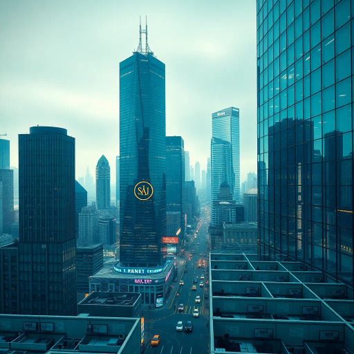 urban landscape, skyscrapers, glass facades, modern architecture, high-tech, office interiors, cubicles, economic power, global trade, peak capitalism, bustling city, artificial lighting, clean lines, minimalistic design, cutting-edge technology, abstract shapes, tempo of business, innovation, productivity, Jean-Michel Basquiat influence, corporate identity, steel and glass, high contrast, cool tones, precision, corporate logos, commerce, international influence, geometric forms, efficiency, structured space