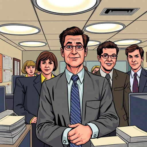 satirical humor, vibrant colors, Steve Carell, ensemble cast, mockumentary style, quirky everyday life, work environment, subtle irony, character dynamics, Michael Scott, Dunder Mifflin, Scranton, Pennsylvania, documentary filming, 2000s television, comedic timing, deadpan expression, cultural phenomenon, paper company, witty banter, office antics, relatable humor, Jim Halpert, Pam Beesly, Dwight Schrute, team dynamics, overhead fluorescent lighting, mundane yet charming, round camera angles, workplace relationships, pop art, Roy Lichtenstein inspiration, bold outlines, dynamic panels, expressive typography, humorous exaggeration, narrative depth, vibrant palette, narrative pacing, expressive caricatures, visual storytelling