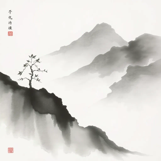 traditional Chinese ink wash, harmonious balance, fluid brushstrokes, minimalistic elegance, serene landscape, ancient calligraphy, delicate gradients, Zen aesthetics, evocative textures, monochromatic palette, ethereal flow, spiritual undertones, philosophical depth, tranquil ambiance, subtle contrasts, transcendent beauty, dynamic movement, cultural heritage, timeless artistry, meditative mood, Sumi-e influence, intricate simplicity, atmospheric perspective, natural harmony, Yin and Yang symbolism, contemplative silence, poetic expression, intangible grace