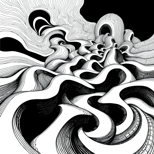 geometric shapes, intricate patterns, flowing lines, minimalist design, abstract expression, monochrome palette, dynamic movement, M.C. Escher influence, precise detailing, linear perspective, conceptual exploration, visual harmony, spatial depth, contemporary influence, surreal geometry, optical illusions, mathematical precision, avant-garde composition, Escherian landscapes, pen and ink medium, black and white contrast, intersecting lines, detailed tessellation, fluid dynamics, rhythmic patterns, visual paradox, surreal elements, complex symmetry, creative geometry, fine linework, subtle gradients, modern abstraction, infinite loops, artistic paradox, Escheresque illusions, visual enigma, artistic contemplation, intricate symbology