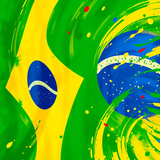 vibrant Brazilian flag, swirling colors, dynamic movement, tropical influences, modern digital techniques, vivid greens, deep yellows, royal blues, abstract expressionism, colorful splashes, textured layering, cultural richness, iconic symbolism, national pride, rhythmic patterns, energetic composition, oval forms, contemporary interpretation, lively atmosphere, digital brushstrokes, experimental canvas, immersive scale, seamless blend, harmony and unity, historical resonance, artistic celebration