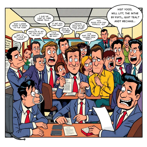 satirical workplace comedy, surreal humor, ensemble cast, bureaucratic chaos, 21st century pop culture, vibrant color palette, exaggerated expressions, dynamic panels, Roy Lichtenstein influences, witty dialogue, mundane office setting, everyday absurdities, overlapping story arcs, exaggerated caricatures, visual puns, contemporary Americana, awkward social interactions, humorous banter, slapstick elements, narrative vignettes, satirical undertones