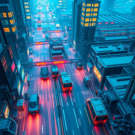 futuristic transportation, bustling cityscape, dynamic movement, vibrant colors, cyberpunk influence, neon lighting, high-tech warehouses, aerial perspective, intricate details, industrial design, mass transit, global trade, surreal elements, modernism, rapid pace, interconnected systems, blue and orange palette, clean lines, high contrast, efficiency, automation, energetic mood, digital interfaces