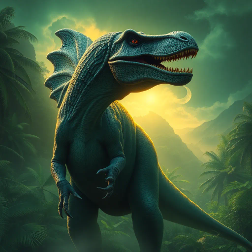 prehistoric creatures, majestic dinosaur, lush jungles, vivid emerald greens, dynamic poses, chiaroscuro lighting, mythical era, ethereal glow, intricate scales, surreal landscapes, movement and tension, timeless prehistoric panorama, Jules Verne influence, hyper-realistic textures, primordial ambiance, paleoart inspiration, vibrant life, dramatic skies, storytelling composition, atmospheric depth, earthy tones, grandeur and mysticism, visionary interpretation, fantasy realm, otherworldly vistas, immersive experience, painterly brushstrokes, enchanting narratives, ancient world essence, rich contrast, awe-inspiring visuals, mysterious allure, adventurous exploration, imaginative realms