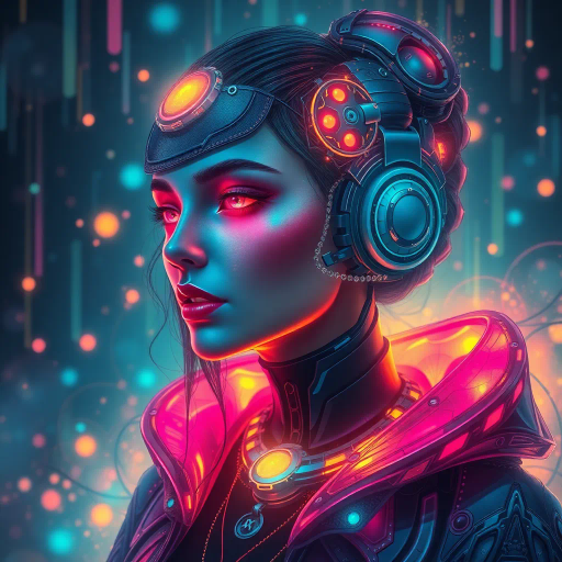 surreal portrait, illuminated hues, cybernetic elegance, ethereal atmosphere, intricate detail, futuristic attire, vibrant palette, soft gradients, digital paintbrush, expressionist undertones, neo-Renaissance influences, dynamic lighting, conceptual symbolism, multi-dimensional aesthetics, fantastical realism, advanced technology, spatial harmony, emotional resonance, imaginative creativity, bold contrasts, visionary composition, cyberculture fusion, avant-garde design