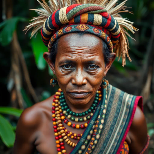 Orang Asli, indigenous culture, vibrant colors, tribal patterns, traditional attire, Malaysia, Borneo, cultural heritage, expressive portrait, dynamic composition, warm lighting, natural elements, lush rainforest, cultural symbolism, intricate details, harmonious balance, emotional depth, ethnic representation, storytelling, anthropological perspective, timeless essence, cultural preservation, vivid illustration