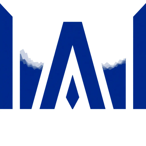 geometric M lettermark, bold vertical strokes, angled V-shaped bridges, hierarchy, solid indigo blue, minimalism, flat vector design, clean white background, modern typography, precision, simplicity, strong visual identity, abstract representation, corporate branding, bold lines, negative space, symmetrical composition, Bauhaus influence, contemporary design