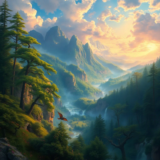 breathtaking landscapes, intricate details, ethereal atmosphere, vibrant color palette, fantasy wilderness, lush greenery, mythical creatures, impressionism, dramatic lighting, serenity, misty forests, surreal vistas, enchanted scenery, magic realism, flowing rivers, ancient trees, whimsical elements, otherworldly beauty, Claude Monet, Art Nouveau, dynamic composition, emotional depth, harmony with nature, celestial skies, delicate textures, nature spirits