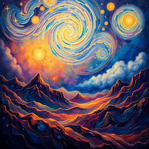 ethereal landscapes, van Gogh swirls, art nouveau elegance, celestial backdrop, luminous nebulae, vivid color palette, cosmic mystery, shimmering textures, expansive horizons, abstract forms, dreamy atmosphere, surreal clouds, vibrant lighting, starry night influence, ambient glow, intricate patterns, magical ambiance, galactic vibe, dynamic composition, transcendent space