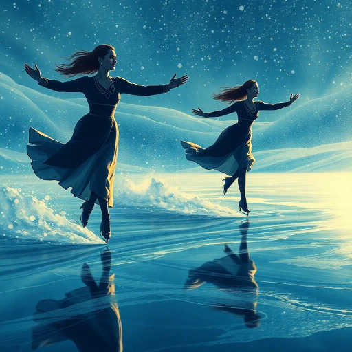 elegant figures, gliding on ice, winter wonderland, Olympic spirit, dynamic motion, graceful movements, intricate patterns, frost-covered landscape, vivid contrasts, art deco influence, Chiaroscuro lighting, dramatic highlights, shimmering ice reflections, cool blue tones, gusts of wind, surreal atmosphere, expressive gestures, encapsulating moment, global unity, ethereal glow, Berthe Morisot inspiration, frozen elegance, elevated rink, exhilarating atmosphere, harmonic balance, hyper-realistic textures, evocative emotion