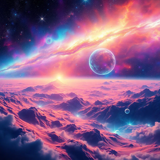 cosmic vistas, celestial landscapes, futuristic, vibrant nebulas, star clusters, vast galaxies, ethereal light, Hubble-inspired, vibrant color palettes, science fiction, surreal horizons, distant planets, cosmic dust, expansive space, swirling shapes, dynamic movement, deep space exploration, imaginative worlds, interstellar travel, otherworldly, surrealism, space-time continuum, vastness, galactic elegance