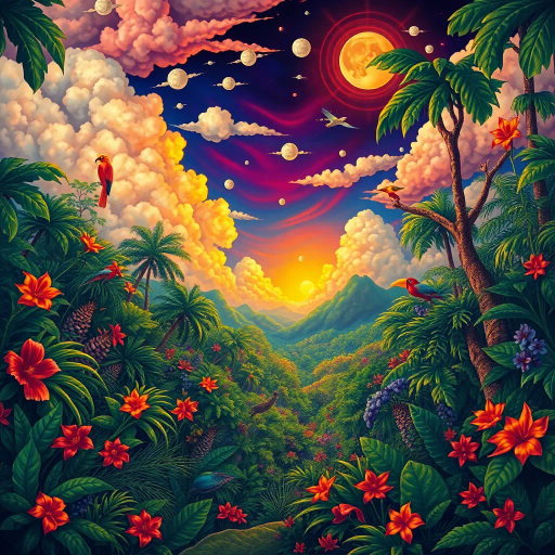 vivid rainforests, carnival atmosphere, vibrant colors, intricate details, lush foliage, rich cultural heritage, magical realism, Brazilian landscape, surreal clouds, tropical wildlife, Henri Rousseau influence, rhythmic movement, radiant sunlight, festive mood, intricate patterns, exotic birds, mythical elements, celebratory spirit, tropical flora, samba rhythm, enchanting scenery