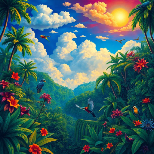 vivid rainforests, carnival atmosphere, vibrant colors, intricate details, lush foliage, rich cultural heritage, magical realism, Brazilian landscape, surreal clouds, tropical wildlife, Henri Rousseau influence, rhythmic movement, radiant sunlight, festive mood, intricate patterns, exotic birds, mythical elements, celebratory spirit, tropical flora, samba rhythm, enchanting scenery