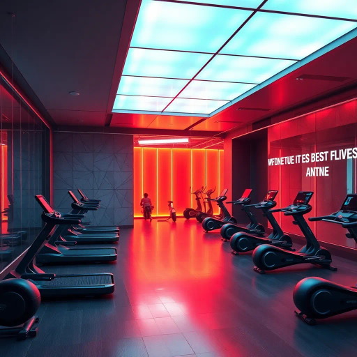 modern gym interior, vibrant lighting, dynamic composition, Tracy Emin influence, contemporary design, motivational ambiance, high-energy mood, sleek lines, futurism, metallic textures, intense color palette, immersive space, geometric patterns, innovative fitness equipment, inspiring atmosphere, cutting-edge technology, athletic movements, motivational quotes, health and wellness, kinetic energy, rhythmic lines, innovative design, urban influence, expansive space, contrast in textures, visual dynamism