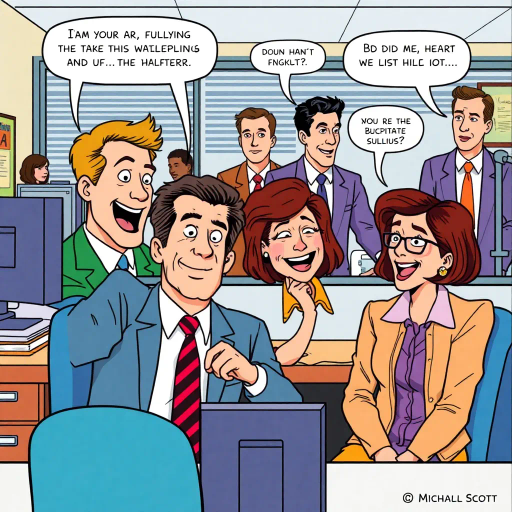 satirical workplace dynamics, humorous situations, colorful characters, Jim Halpert, Pam Beesly, mockumentary style, lively banter, office antics, playful tone, exaggerated expressions, narrative humor, corporate setting, vibrant palette, dynamic panels, exaggerated scenarios, comedic timing, slice of life, workplace comedy, Michael Scott, sitcom classic, Roy Lichtenstein influence, pop art aesthetic