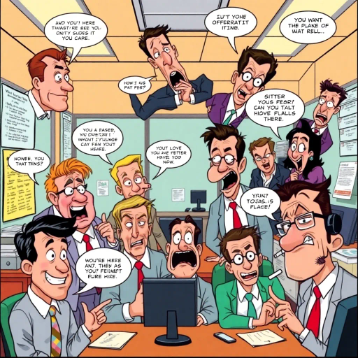 satirical workplace comedy, surreal humor, ensemble cast, bureaucratic chaos, 21st century pop culture, vibrant color palette, exaggerated expressions, dynamic panels, Roy Lichtenstein influences, witty dialogue, mundane office setting, everyday absurdities, overlapping story arcs, exaggerated caricatures, visual puns, contemporary Americana, awkward social interactions, humorous banter, slapstick elements, narrative vignettes, satirical undertones