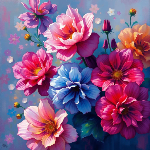 vibrant flowers, botanical art, surrealism, rich textures, Claude Monet, expressionism, ethereal glow, intricate details, vivid colors, atmospheric depth, delicate petals, dynamic composition, spring serenity, artistic elegance, garden symphony, burst of life, soft gradients, harmonious blending, natural elegance, transcendent beauty
