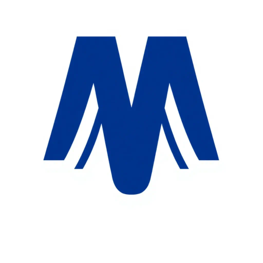 bold letter M logo, parallel strokes, subtly taper, upward hierarchy, structured design, solid indigo blue, clean geometric vector, white background, modern minimalist, Bauhaus influence, precise lines, asymmetrical balance, visual clarity, typographic elegance, dimensional form, sleek aesthetic, contemporary design, harmonious proportions