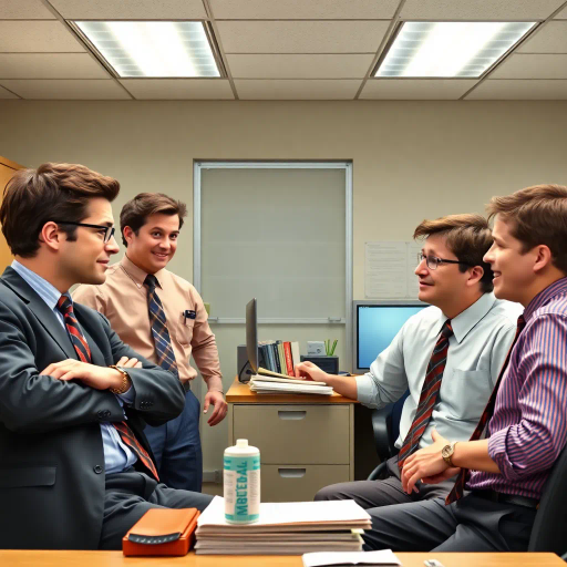 satirical, workplace comedy, 2000s television, vibrant characters, humorous interactions, Michael Scott, Jim Halpert, Dwight Schrute, sardonic wit, office dynamics, banter, mundane setting, Scranton, paper company, unconventional storytelling, ensemble cast, mockumentary style, Steve Carell, quirky relationships, deadpan humor, varied personalities, narrative arcs, expressive body language, exaggerated emotions, bright lighting, cheerful ambiance, subtle social commentary, scenographic composition