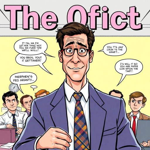 Michael Scott, vibrant colors, humorous expression, dynamic composition, satirical tone, exaggerated features, playful mood, pop art style, witty dialogue, tv sitcom influences, The Office, ensemble cast, mockumentary style, quirky everyday life, character dynamics, cultural phenomenon, Steve Carell, Dunder Mifflin, paper company, office antics, relatable humor, expressive line work, sequential art story, vibrant palette, americana, narrative humor, iconic moments, lighthearted ambiance, dynamic poses, Jim Halpert, Pam Beesly, Dwight Schrute, vibrant personalities, comedic timing, sketch-like outlines, cartoonish exaggeration, character-centric atmosphere, satirical composition, pop culture references, dynamic panels, comedic timing, humorous office antics, workplace relationships, iconic moments, expressive line work