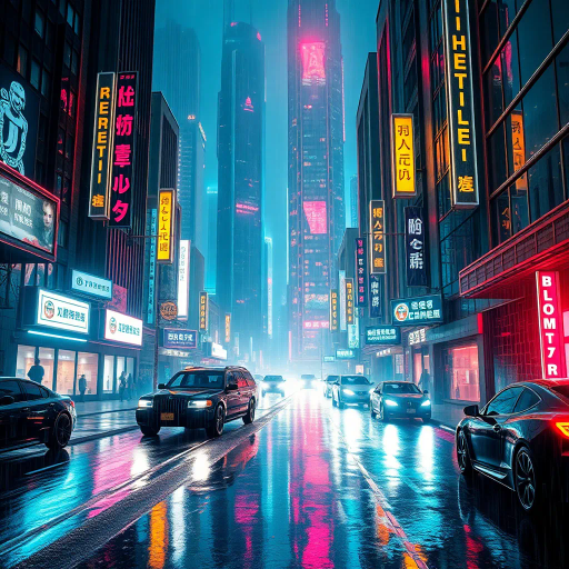 futuristic cityscape, cyberpunk aesthetics, glowing neon lights, dystopian future, vibrant colors, rain-soaked streets, digital rain, sleek architecture, futuristic vehicles, dynamic perspective, cinematic composition, bold geometric shapes, intricate detailing, dramatic lighting, luminous reflections, high-tech textures, urban night scene, vibrant energy, science fiction influences, speculative futurism, tech noir atmosphere, Blade Runner homage, neon color palette, immersive world-building, urban sprawl, bustling metropolis, atmospheric depth, Philip K. Dick inspiration, Ridley Scott cinematic flair, modern surrealism, electric ambiance, urban decay hints, luminous haze, digital age paradox, kaleidoscopic reflections, vivid intensity, avant-garde innovation