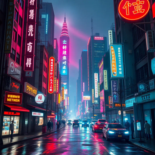 futuristic cityscape, vibrant neon lights, cybernetic elements, digital world, dystopian vision, urban high-rise buildings, retro-futurism, sci-fi aesthetic, dynamic energy, vibrant color palette, cybernetic life forms, bustling metropolis, Tokyo nightlife-inspired, neon signage, high-tech architecture, holographic displays, punk fashion influence, Blade Runner vibes, surreal atmosphere, cinematic backdrop, reflections on wet streets, electric ambiance, digital textures, immersive futurism, illuminated technology, night scene
