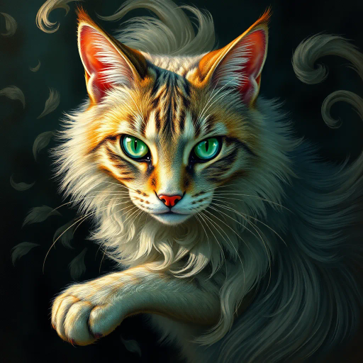 graceful feline, intricate fur texture, mesmerizing green eyes, Albrecht Dürer influence, chiaroscuro lighting, vibrant color palette, dynamic pose, ethereal aura, surrealistic elements, art nouveau curves, soft pastels, whimsical charm, mystique and curiosity, Victorian elegance, organic forms, fluid movement, delicate brushwork, detailed anatomy, harmonious balance, serene mood, mystical symbolism, opulent setting