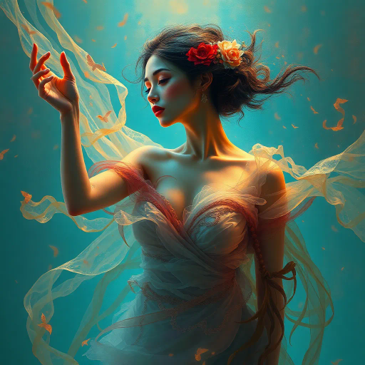ethereal woman, renaissance lighting, dramatic contrasts, vibrant hues, delicate textures, impressionist influences, emotionally evocative, surrealism undertones, dynamic composition, fluid movement, Baroque era inspiration, intricate details, fantastical elements, cultural richness, harmonious balance, mythical aura, expressive gesture, lively ambiance, magical realism, soft brushstrokes, timeless beauty, modern twist, vibrant symbolism, classical elegance, dreamlike atmosphere, art nouveau, imaginative storytelling, historical references, painterly quality
