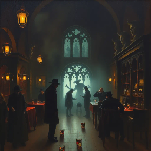 eerie tavern, dim lighting, unsettling atmosphere, surrealist influence, dark tones, chiaroscuro, moody ambiance, distorted figures, haunted presence, gothic architecture, shadows, eerie glow, expressionist touch, emotive brush strokes, baroque composition, mysterious patrons, warped reflections, nightmarish scene, ethereal fog, ghostly whispers, Salvador Dalí, H.R. Giger, horror elements, intricate textures, unsettling quiet, enigmatic details