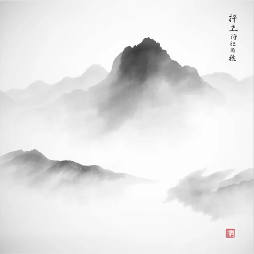 traditional Chinese ink wash, minimalistic elegance, serene landscapes, Liu Shou-Kwan, soft gradients, flowing brushwork, monochrome palette, delicate textures, introspective mood, atmospheric depth, ancient Chinese heritage, meditative visuals, harmonious balance, elegant simplicity, cultural symbolism, elegant calligraphy, ethereal mists, timeless beauty, spiritual journey, intricate line quality, profound serenity, tranquil tone, classical composition, restrained palette, intrinsic harmony, digital medium, abstract spirituality, gentle movement, philosophical undertones, serenity in nature, transcendent depth, contemplative artistry