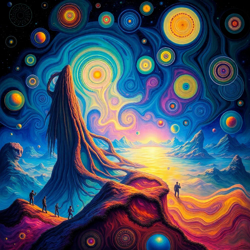 surreal dreamscape, intricate patterns, Salvador Dali, luminous lighting, ethereal ambiance, vivid palette, swirling forms, imaginative landscapes, abstract figures, dreamlike atmosphere, reflective surfaces, flowing textures, dynamic movement, mystical symbolism, infinite space, whimsical elements, vibrant expressions, imaginative worlds, hyper-detailed, otherworldly landscapes